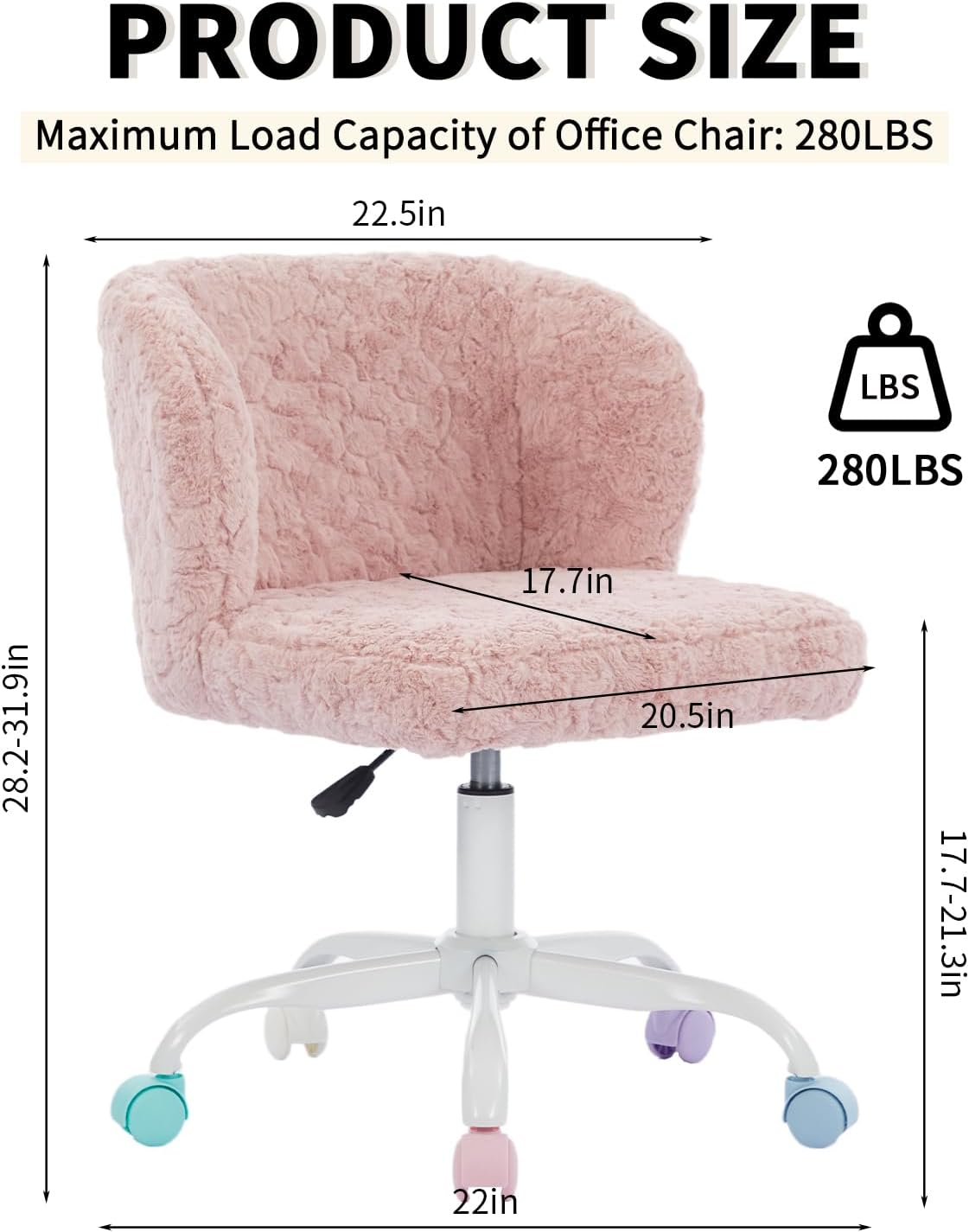 Shenyon Pink Faux Fur Vanity Chair, Adjustable Swivel Home Office Chair with Colorful Wheels and Metal Base, Cute Makeup Chair for Women, Teens & Girls(Pink)
