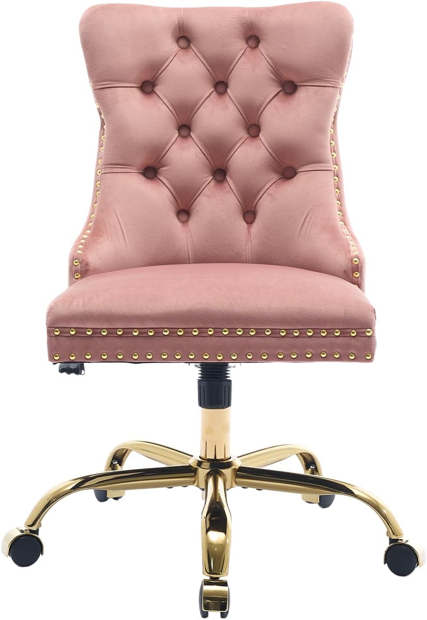 Pink Velvet Home Office Desk Chair with Wheels & Gold Base, Comfy Makeup Vanity Chair with Tufted Back for Women Girls, Upholstered Adjustable Swivel Armless Office Chair for Bedroom, Pink