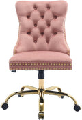 Pink Velvet Home Office Desk Chair with Wheels & Gold Base, Comfy Makeup Vanity Chair with Tufted Back for Women Girls, Upholstered Adjustable Swivel Armless Office Chair for Bedroom, Pink