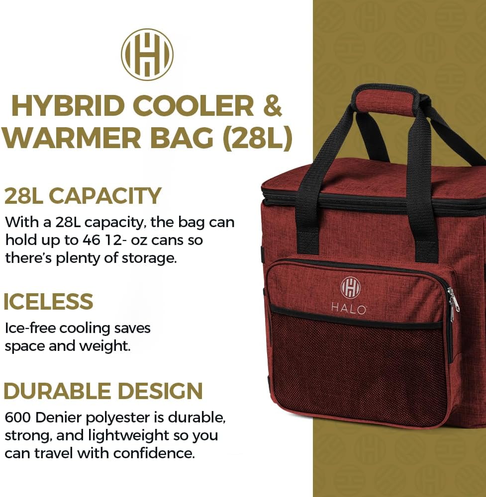Halo 28L Hybrid Cooler & Warmer Bag | Electric Travel Cooler, Collapsible for Easy Storage, Keep Drinks Cold & Food Warm, Ice Free Cooling, Includes Shoulder Strap, DC Power Cord & AC Adapter