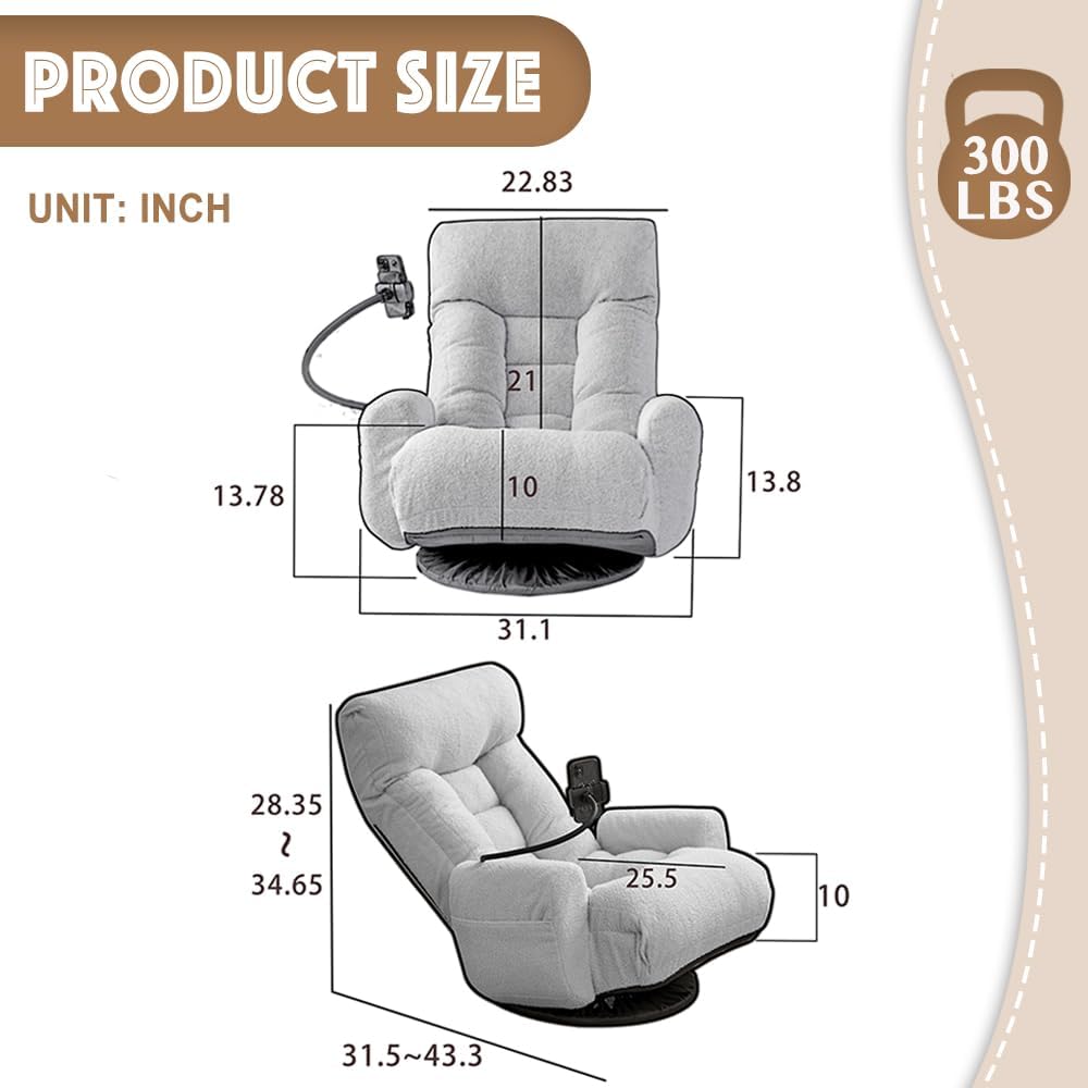 Floor Chair with Back Support, Swivel Gaming Chair with 5 Adjustable Position, Meditation Chair with Phone Holder, Teddy Indoor Lounge Chair for Lazy Boys, Living Room, Bedroom, Lounge, Beige