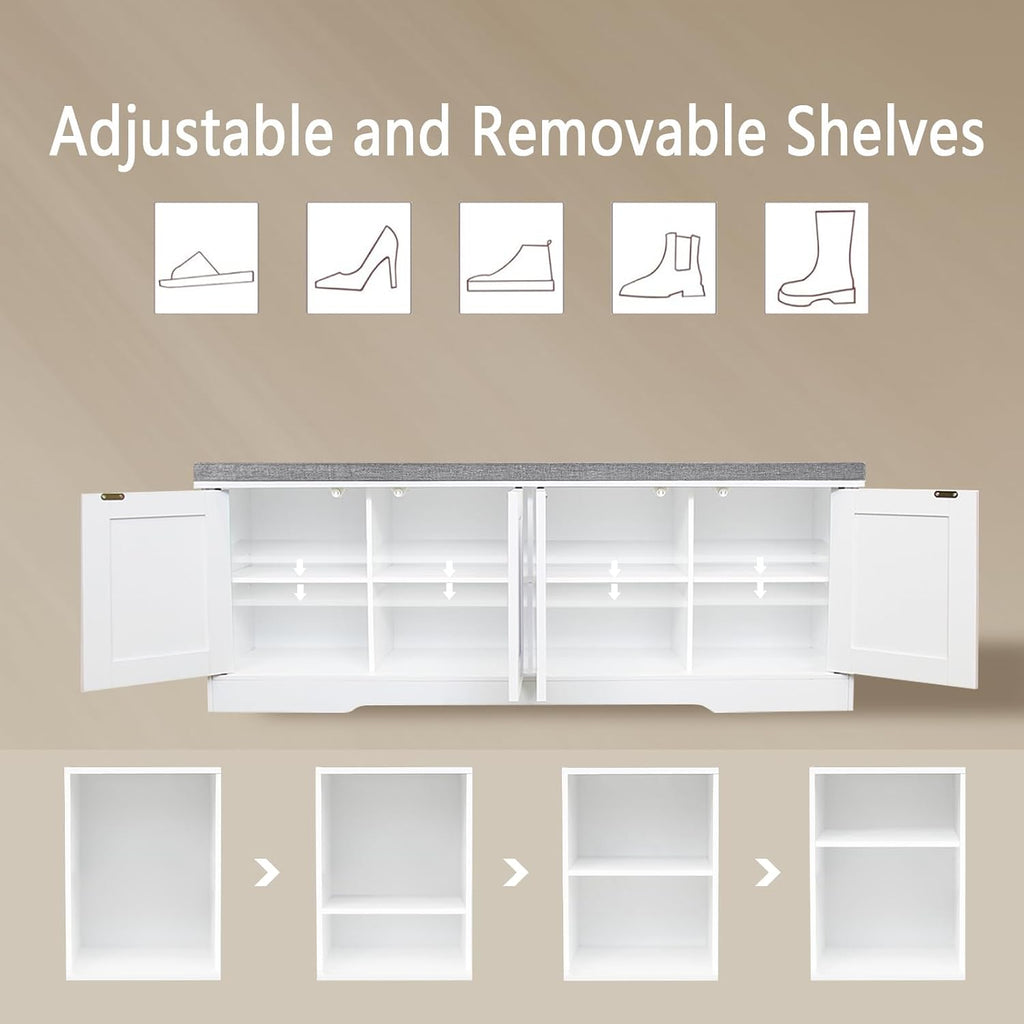 DINZI LVJ Shoe Bench, Entryway Storage Bench with Doors, Cushion, 2-Tier Shoe Rack with 8-Cubby, 47.2'L x 13.8'W Shoe Organizer Cabinet, Adjustable Shelf, Living Room, Bedroom, White