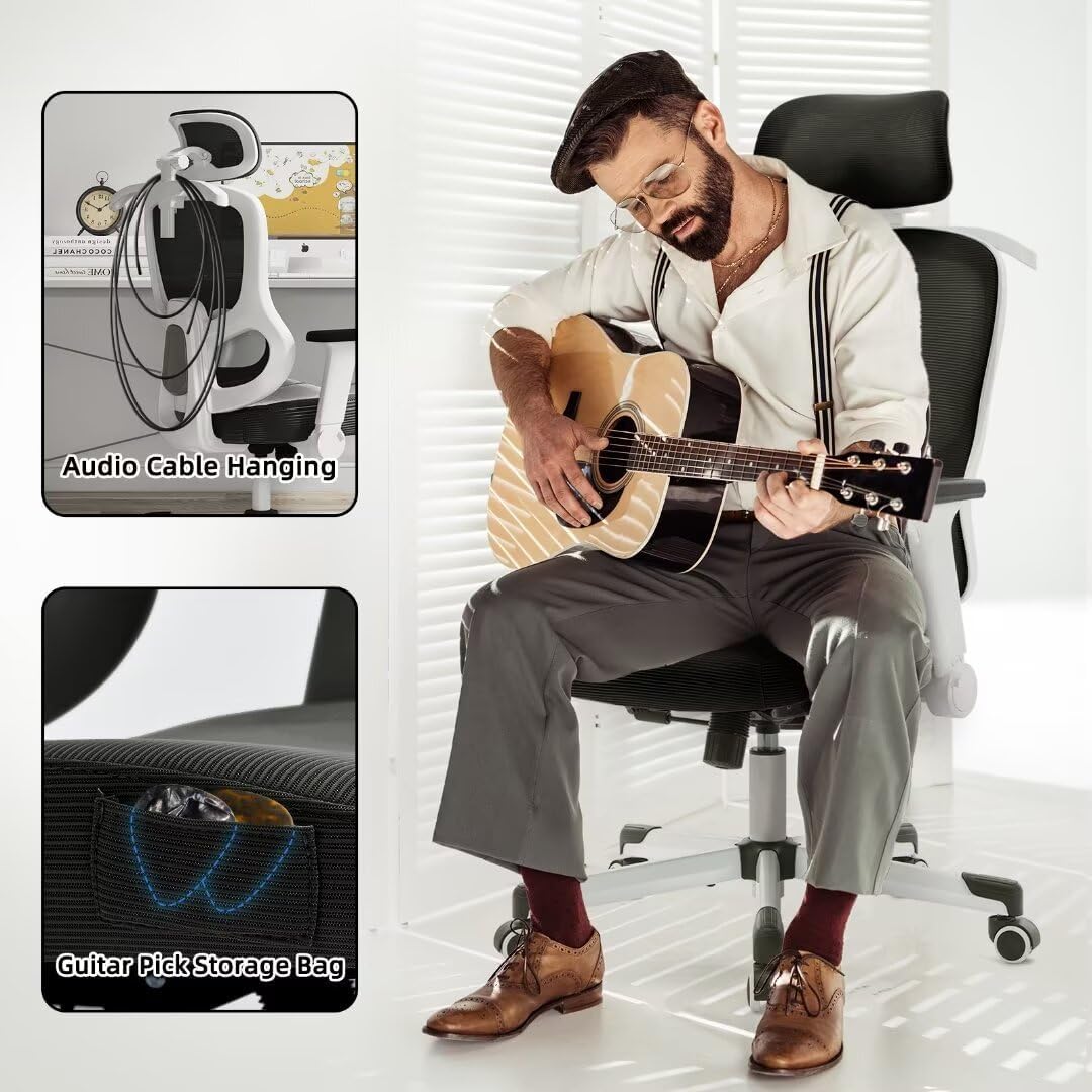 Ergonomic Office Chair Reclining Gaming Chair Adjustable Lumbar Support 6D Armrest Headrest Breathable Mesh Swivel Computer Chairs Home Task Desk Chair Wheels Coat Hanger Tilt Lock Cross Legged Chair