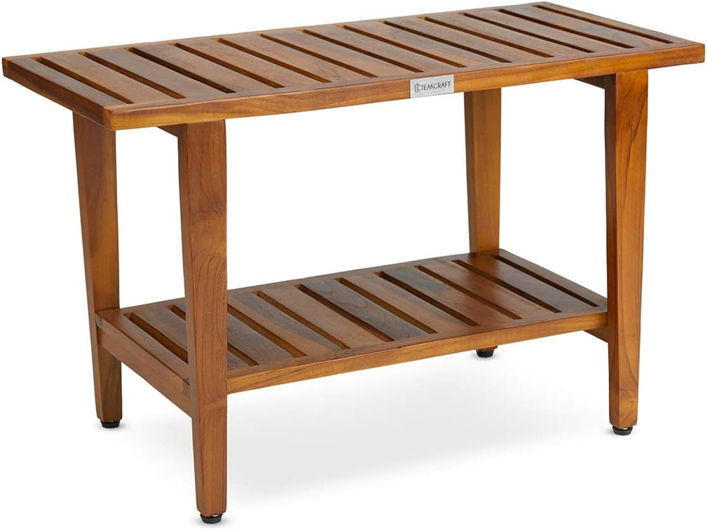 TeakCraft Teak Shower Bench with Shelf 30 inch Wood Spa & Shower Stool - Fully Assembled, The Liv