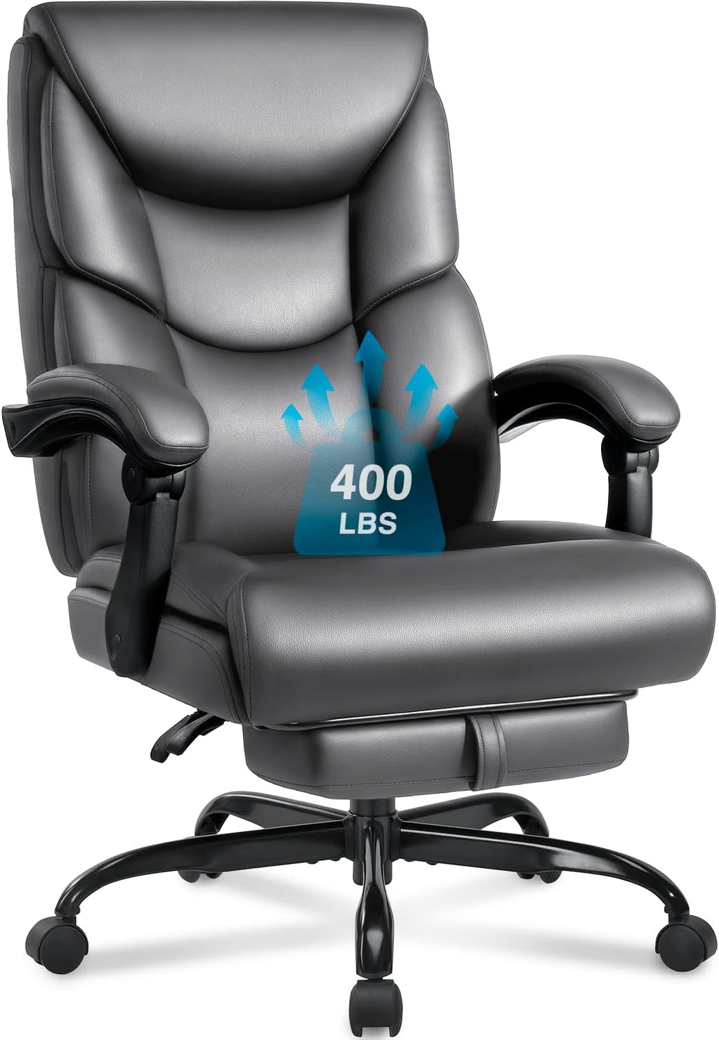 WAILOR 400lbs Office Chair with Foot Rest, Reclining Big and Tall Office Chair with Lumbar Support, High Back PU Leather Computer Chair,Comfy Desk Chair for Home Office (Gray)