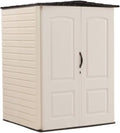 Rubbermaid Medium Vertical Resin Outdoor Storage Shed With Floor (4.3 x 4.6 Ft), Weather Resistant, Beige/Brown, Organization for Home/Backyard/Garden Tools/Lawn Mower/Bike Storage/Pool Supplies