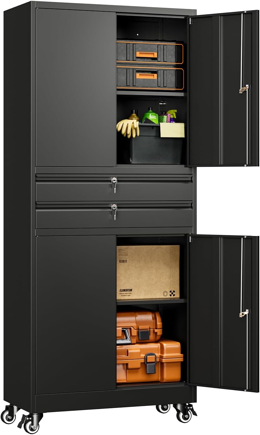Yizosh Metal Garage Storage Cabinet with Locking Doors and Adjustable Shelves, 74' Rolling Tool Storage Cabinet with 4 Wheels and 2 Drawer for Garage,Warehouse