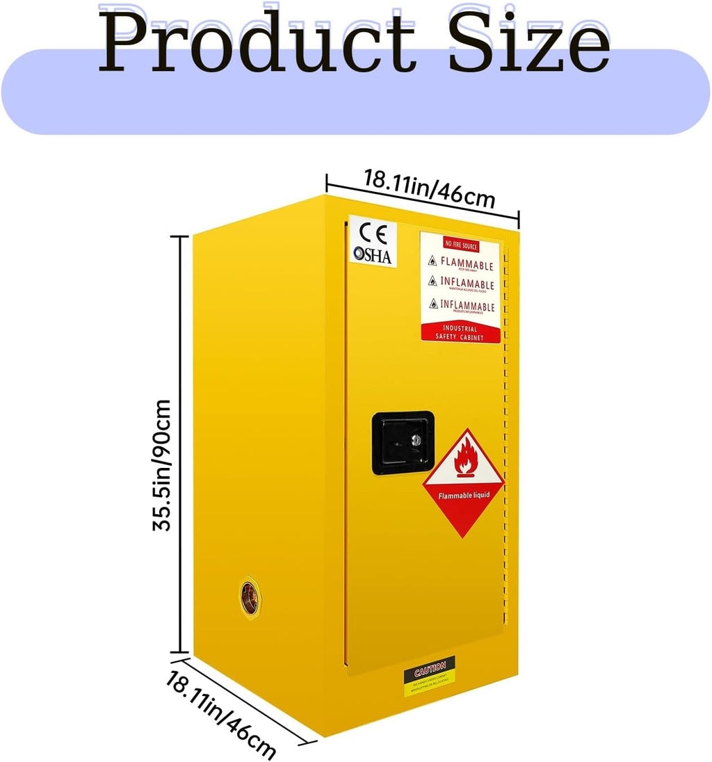 Flammable Cabinet, 18 Gallon Hazardous Storage Cabinets, Galvanized Steel Safety Storage Cabinet, Adjustable Shelf Fireproof Cabinet, for Commercial Industrial and Home Use, Yellow, 35H x 18W x 18.2D