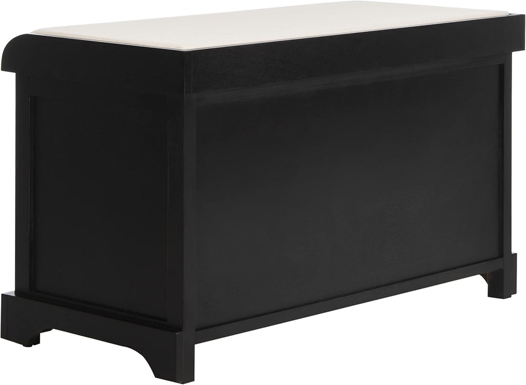 SAFAVIEH Home Collection – Freddy Black Storage Bench with Wicker Baskets & Cushion, Entryway Seating Bench, Fully Assembled (AMH5736B)