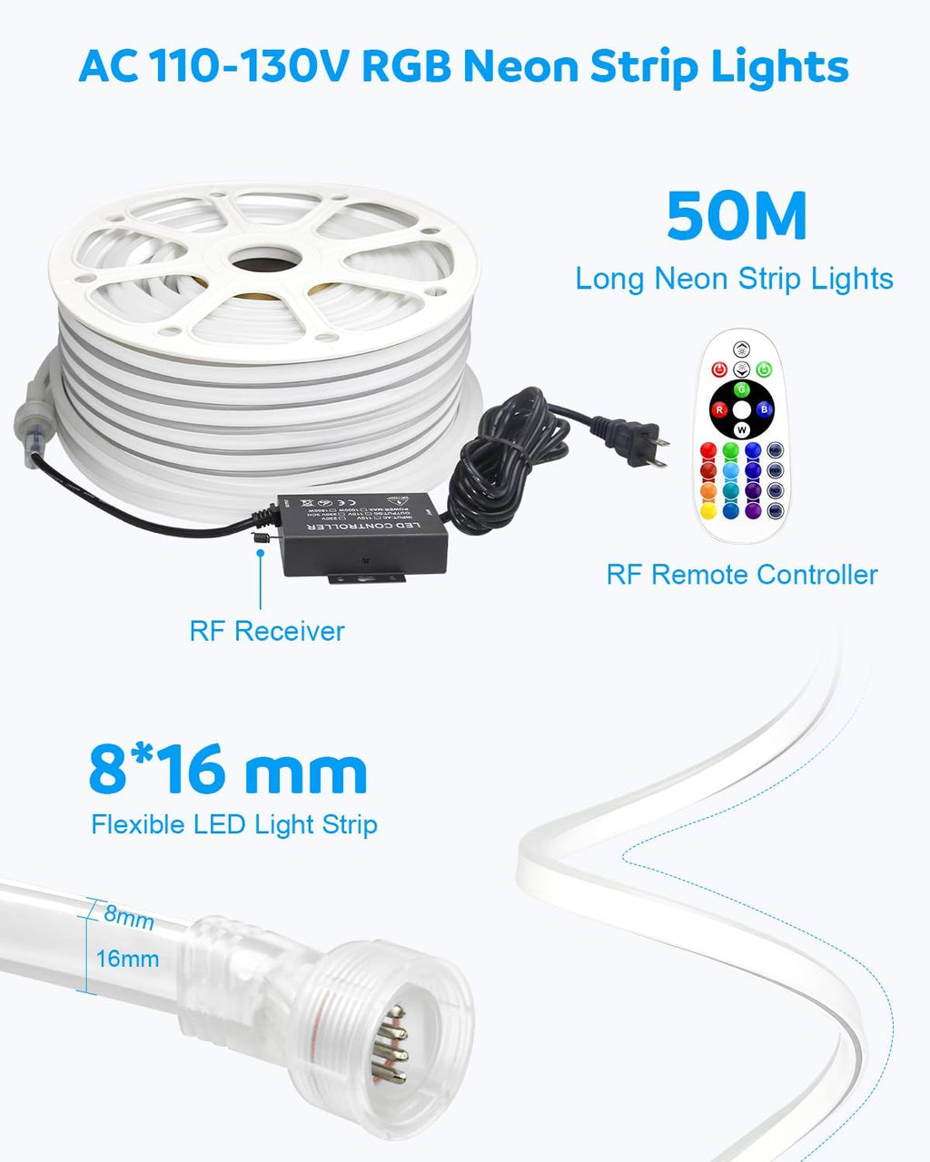 Aclorol RGB LED Neon Light Strip AC 110V-130V Flexible Outdoor Neon Rope Light 164FT Waterproof Dimmable with Bluetooth App Remote Music Sync Color Changing for Bedroom Patio Commercial Building Decor
