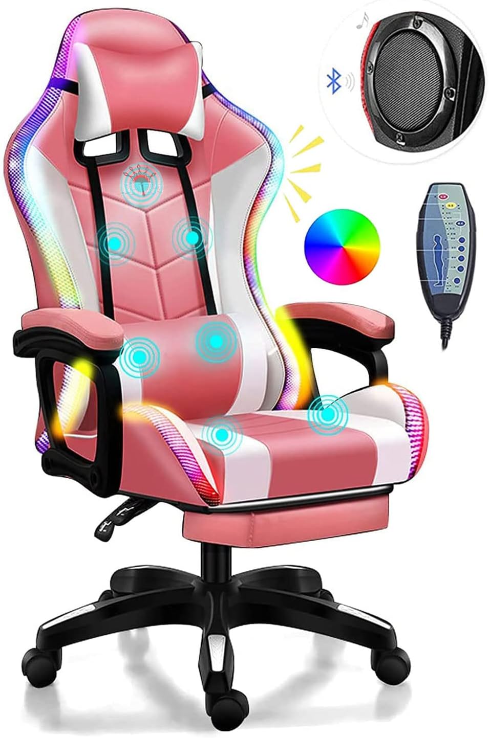 Pink Gaming Chair with Speakers, LED Light Gaming Chair with Full Massage Lumbar Support, Ergonomic Pro Computer Gaming Chairs for Adults with footrest Lumbar Support and Backrest Adjustable,Pink