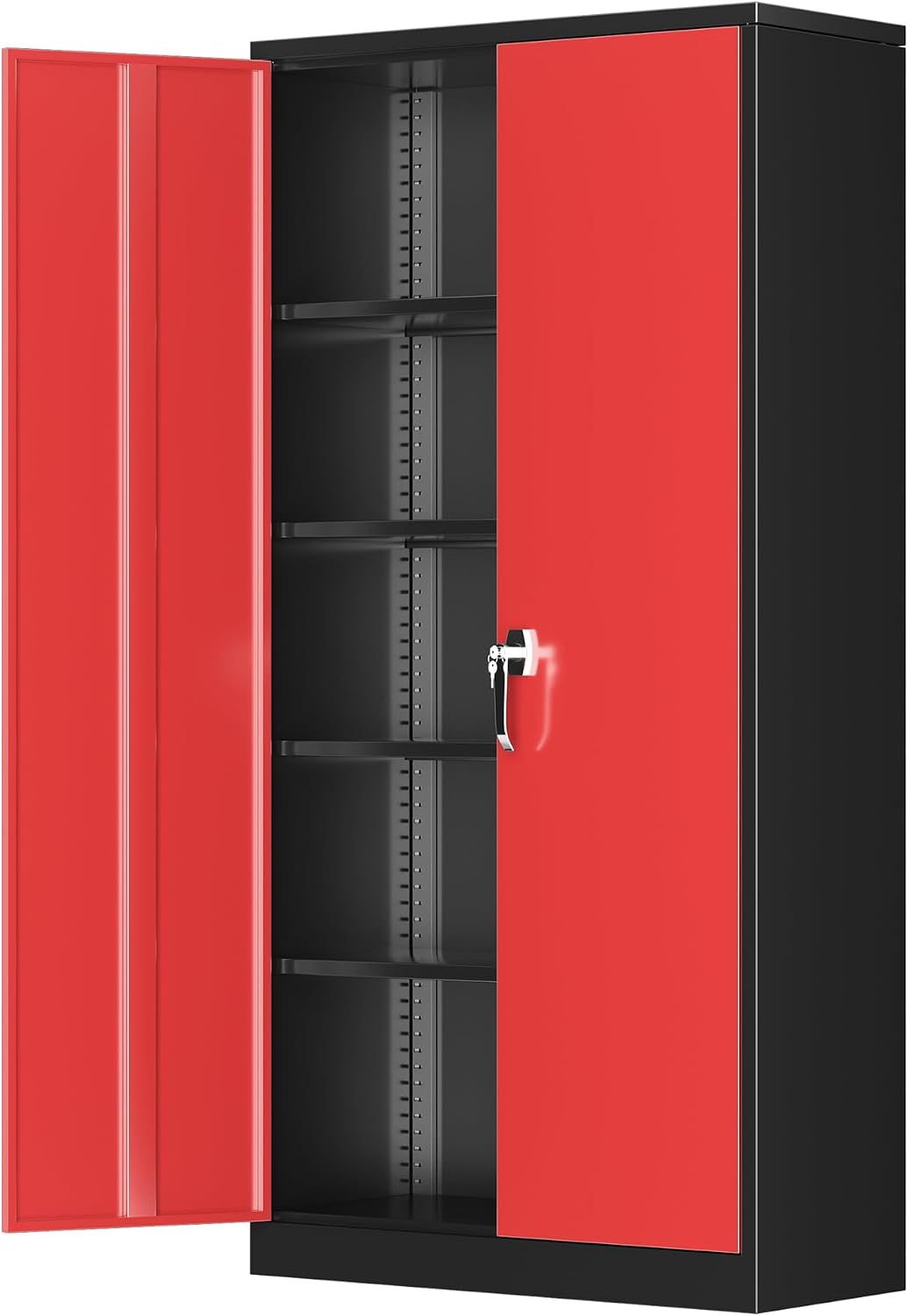 Greenvelly Metal Garage Storage Cabinet, 72' Black Red Tool Steel Locking Cabinet with Doors and 4 Shelves, Tall Cabinets for Garage Storage Systems Lockable File Cabinet for Home Office,Garage