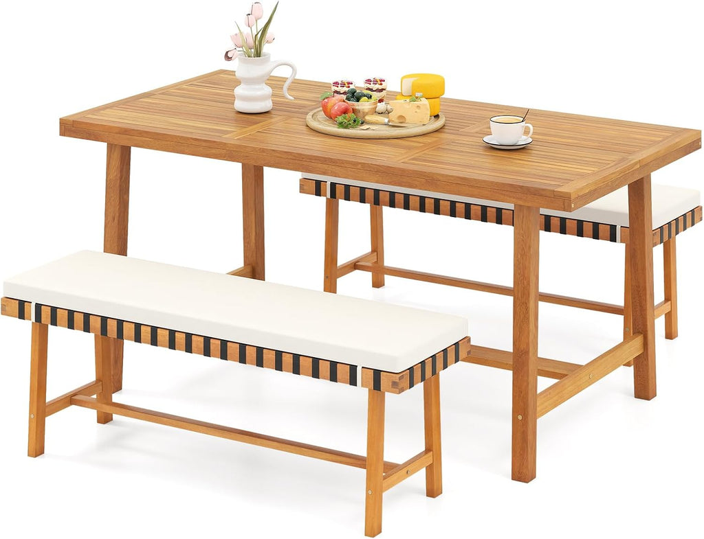 Tangkula 3 Piece Patio Dining Set for 4 People, 63' Outdoor Acacia Wood Rectangular Table with 1.97' Umbrealla Hole & 2 Cushioned Bench, for Deck Yard and Poolside