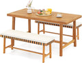 Tangkula 3 Piece Patio Dining Set for 4 People, 63' Outdoor Acacia Wood Rectangular Table with 1.97' Umbrealla Hole & 2 Cushioned Bench, for Deck Yard and Poolside