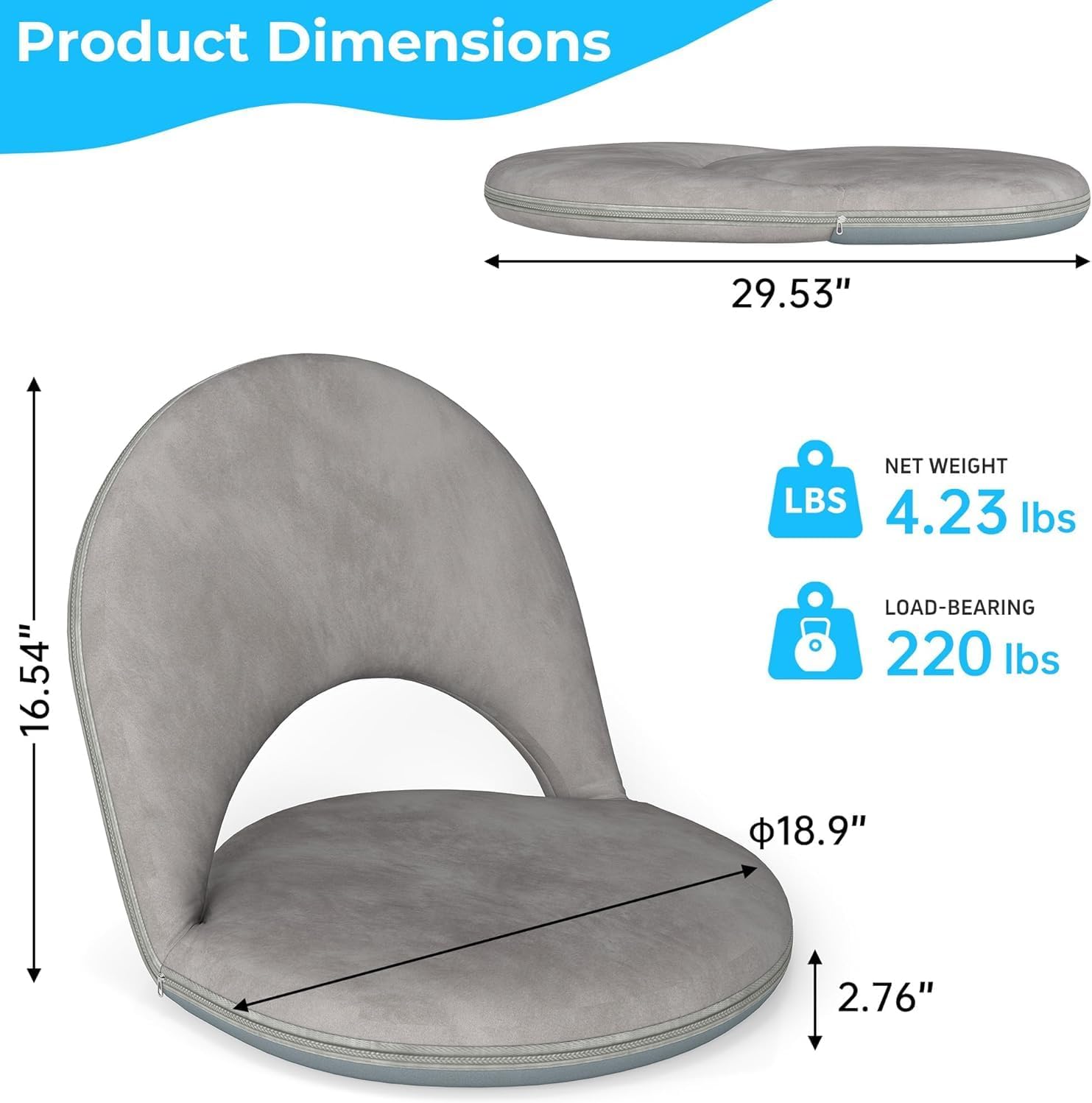 2Pcs Floor Chair, 5-Position Foldable Floor Chair for Kids with Adjustable Back, Soft Sponge & Velvetean Cover, for Adults and Kids, Indoor Outdoor Use, Meditation, Gaming, Camping (Gray)