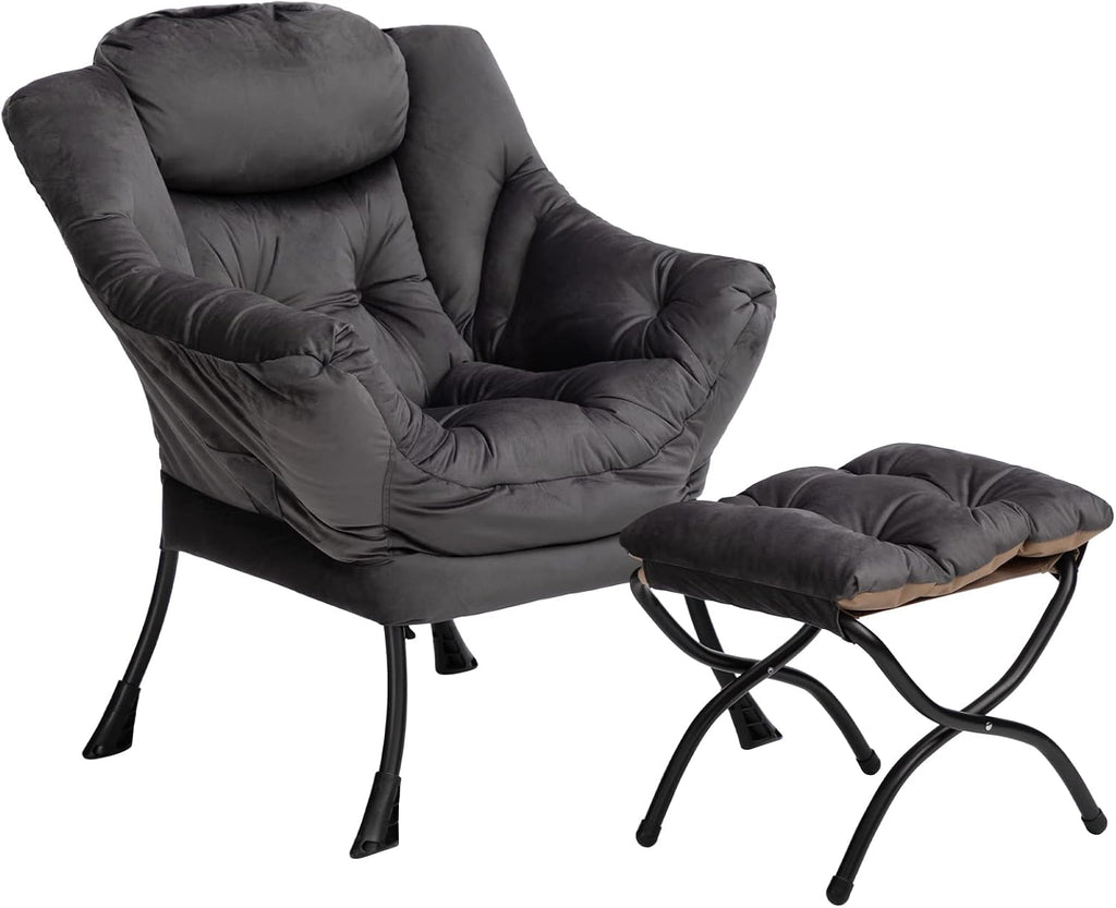 HollyHOME Lazy Chair with Foldable Ottoman, Accent Comfy Lounge Armchair and Folding Footrest Stool, Leisure Sofa Reading Chair and Footstool for Living Room, Bedroom, Dorm,Velvet Smoky Grey