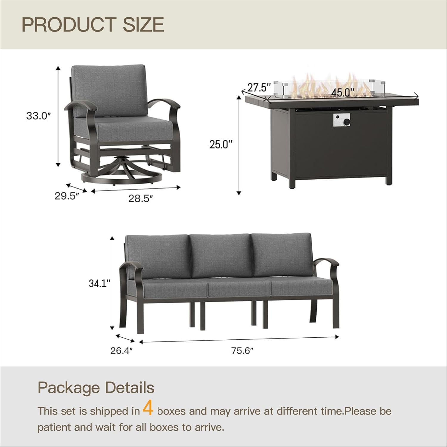 Aluminum Patio Furniture Set with 55,000 BTU Propane Fire Pit Table,5 Seats Metal Modern Outdoor Furniture w/5.1' Cushions,Patio Sectional w/Swivel Chairs for Backyard,Patio,Grey