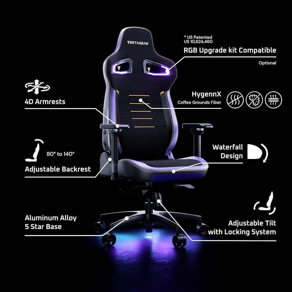 Vertagear PL4800 Ergonomic Big & Tall Gaming Chair Featuring ContourMax Lumbar & VertaAir Seat Systems - RGB LED Kits Upgradeable - Black/White