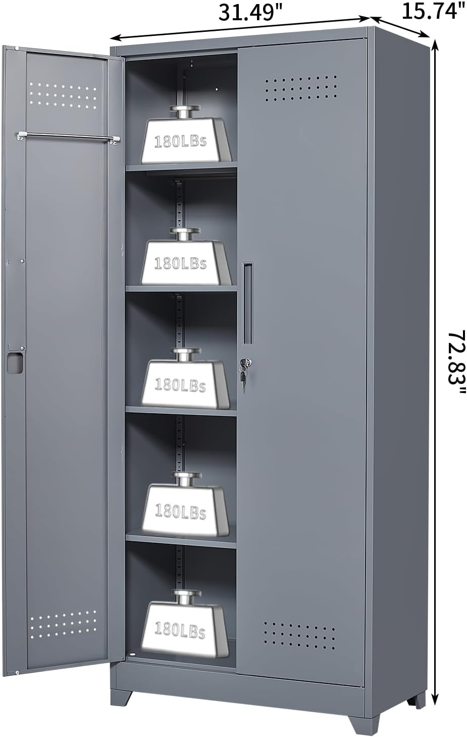 Metal Tool Storage Cabinet, Broom Closet with Hooks, 72.8' Tall Garage Cabinet with Shelves, Heavy-Duty Cleaning Storage for Utility Room, Gym, Office, Garage