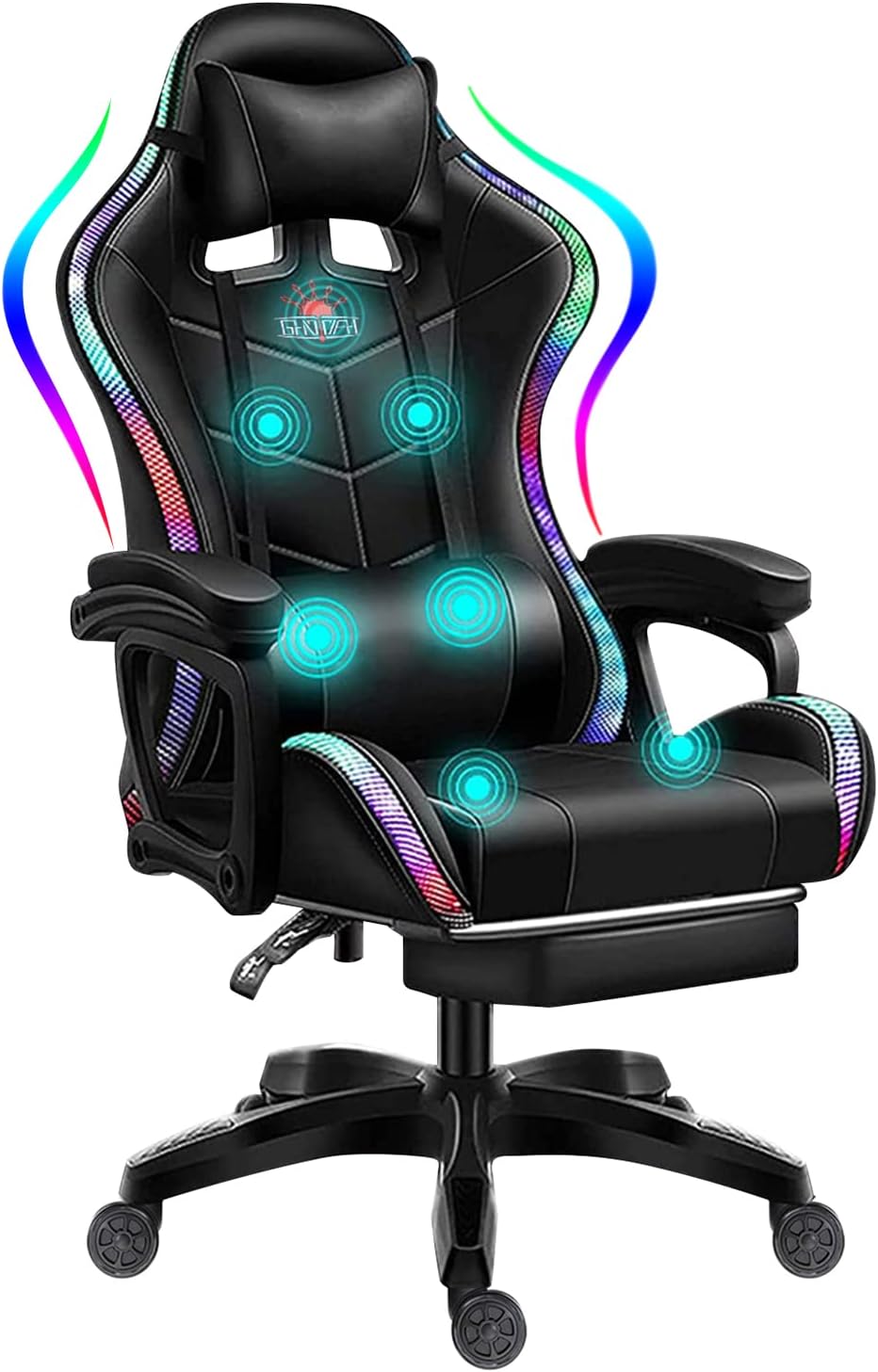 Gaming Chair with LED RGB Lights with Massage and Footrest Ergonomic Computer Chair High Back Video Game Chair with Adjustable Lumbar Support Linkage Armrest,Black
