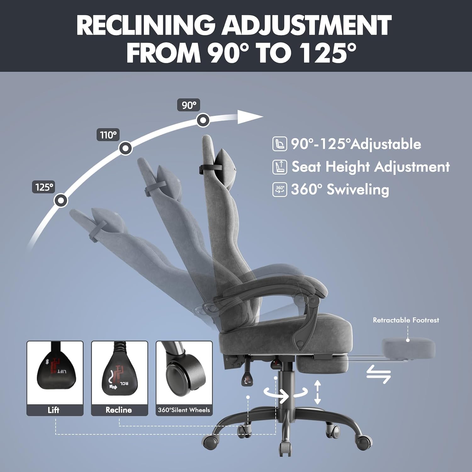 Soontrans Dark Grey Velvet Fabric Gaming Chairs with Footrest, Ergonomic Comfortable Video Gamer Chair, Reclining Office Computer Desk Game Chairs with Massage Lumbar Cushion,Headrest for Adult