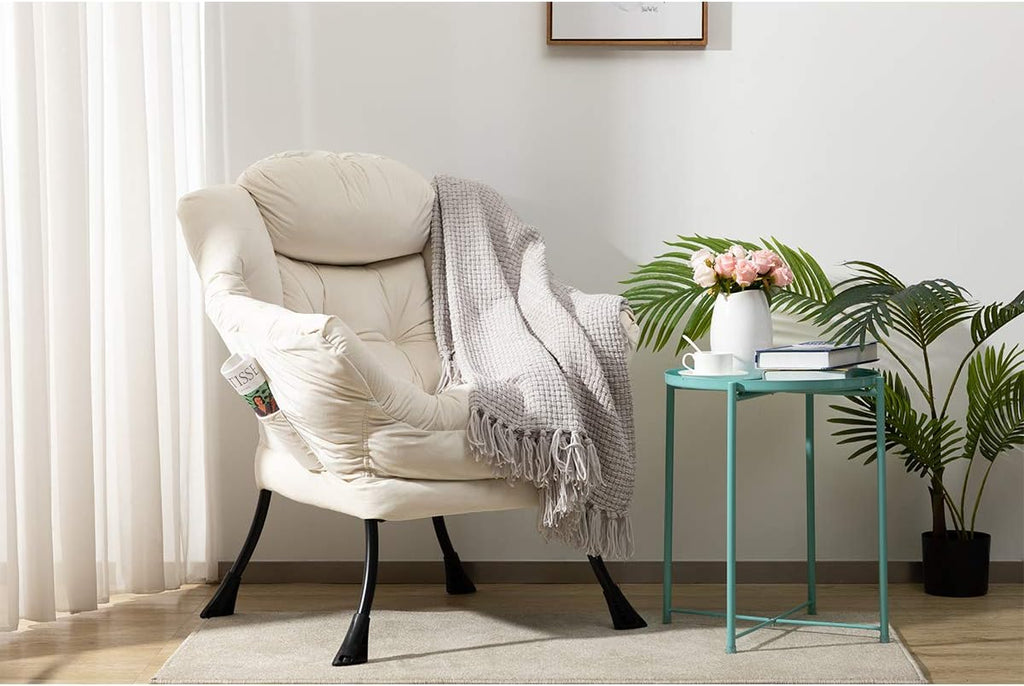 HollyHOME Lazy Chair with Armrest and Side Pocket, Comfy Accent Lounge Chair,Leisure Sofa Armchair for Living Room, Bedroom, Dorm, or Small Spaces, Oversized Reading Sofa Chair,Velvet Beige