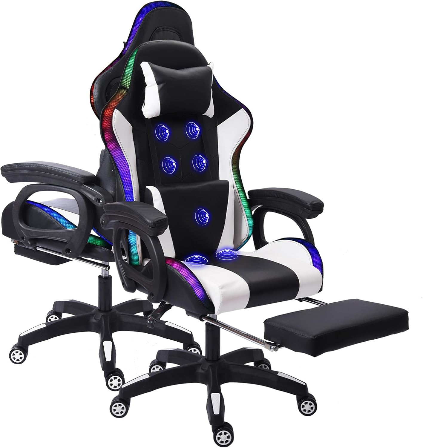 Video Gaming Chair with Speakers and RBG Lights,PC Chair with 7-Point Massage Lumbar Support and Footrest,Office Ergonomic Gaming Chair Adjustable Back and Armrest,Adult Gaming Chair.,White