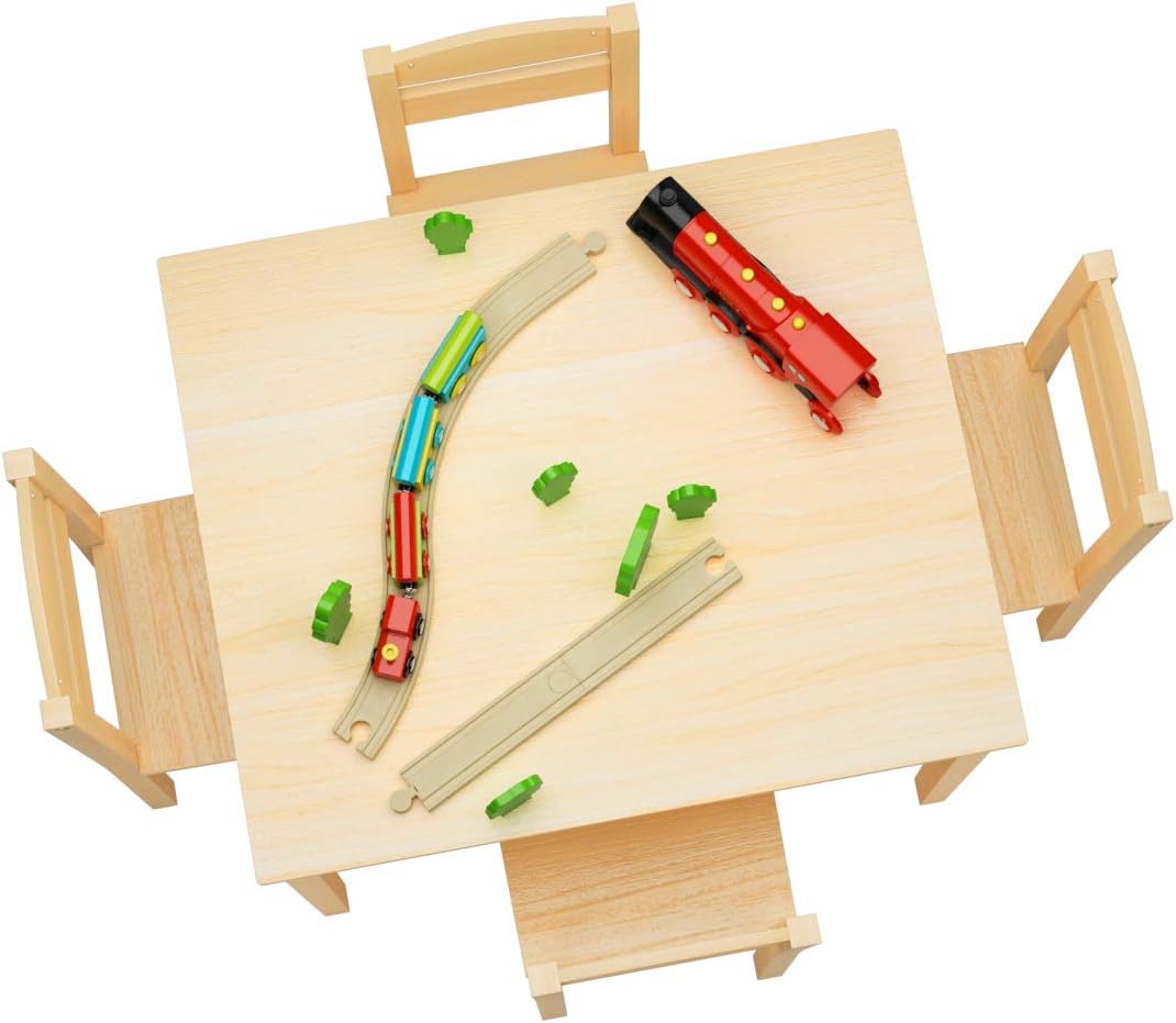 Nightcore Kids Wooden Table and 4 Chair Set, Activity Table Chair Set for 2 to 6 Years, Toddler Game, Playroom Furniture, Picnic Table w/Chairs, Solid Wood 5 Piece Dining Table Set (Natural)