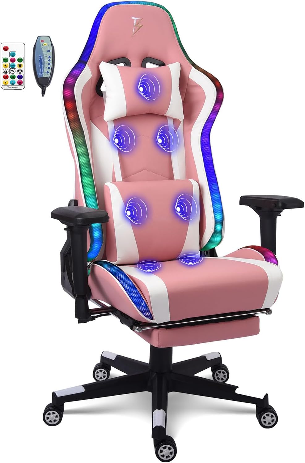Adult Gaming Chair,Ergonomic Computer Chair,Gaming Chair with Footrest and Massage Lumbar Support,Gaming Chair with Speakers and RGB Lights,180° Tilt High Back Office Chair.,Pink