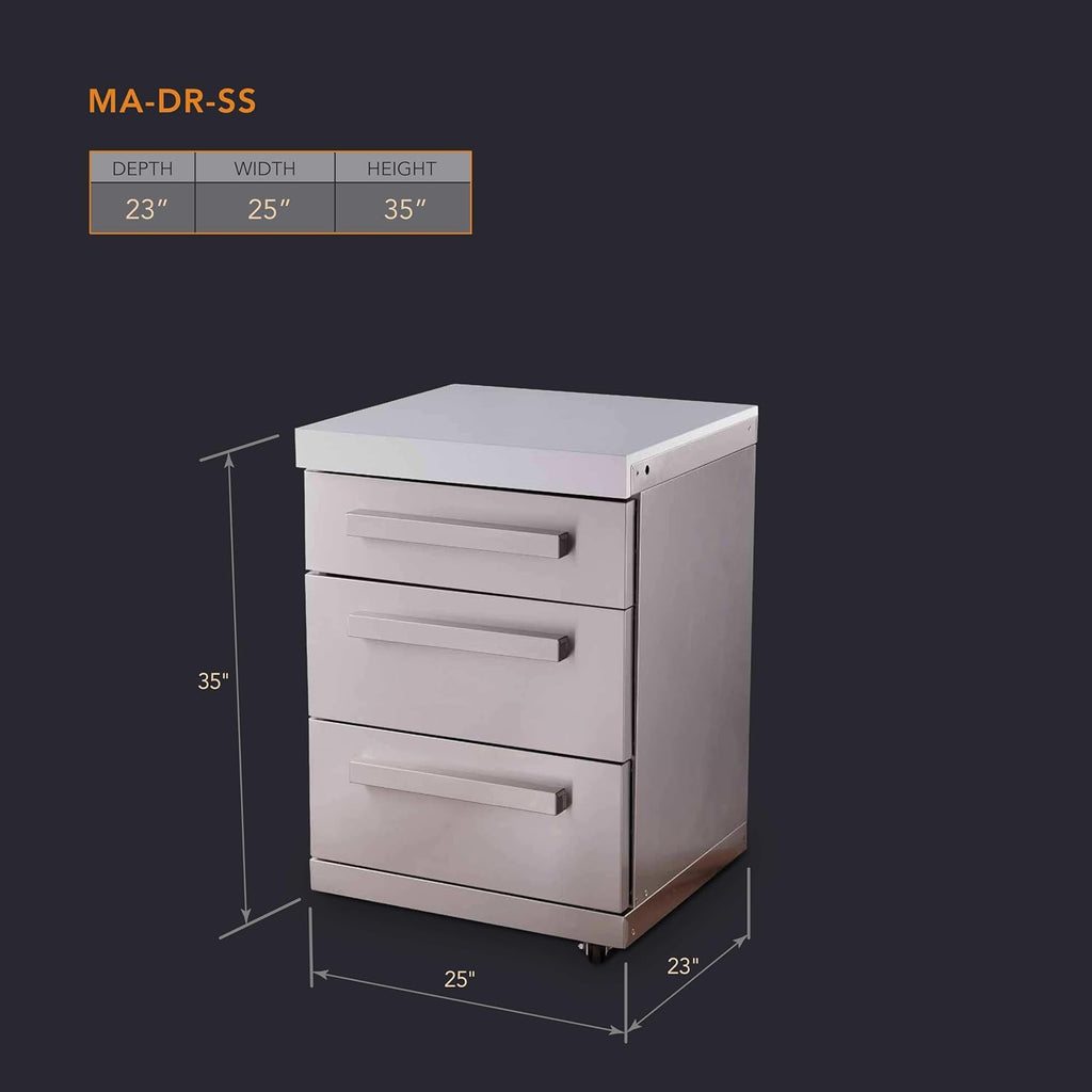 Mont Alpi Premium 25'W Extra Storage Soft-Closing 3-Drawer Slides Stainless Steel Cabinet Module for Original & Deluxe Series MAi805 & MAi400 Outdoor Kitchen Island Grills + White Granite Countertops