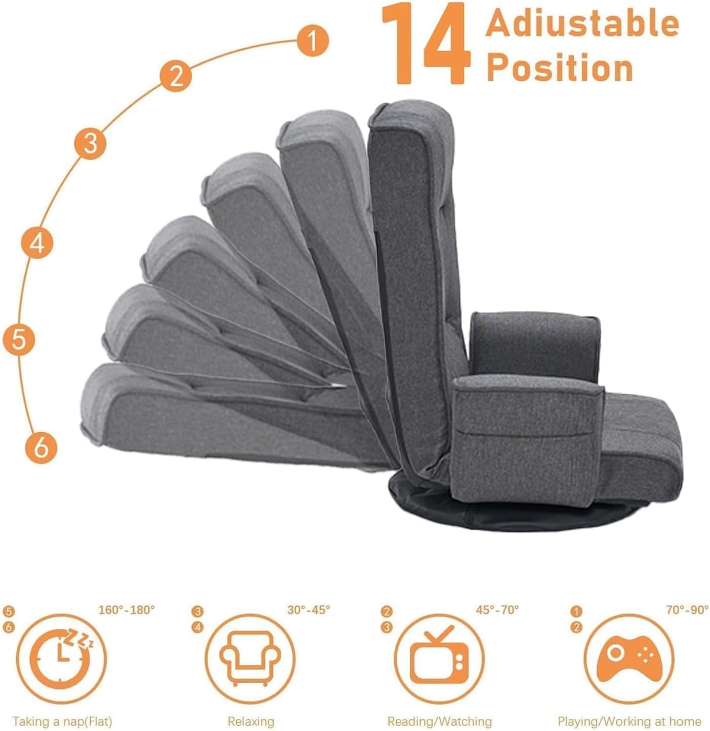 360 Swivel Gaming Chair 14-Position Adjustable Folding Floor Sofa with Armrests Lounger Bed for Home & Living Room Chaise Lounge Indoor for Adults QL201GR