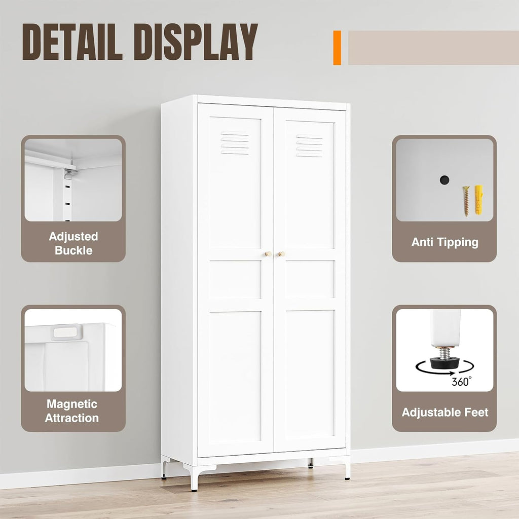 Yizosh Metal Storage Cabinet with 2 Doors and 4 Adjustable Shelves - 61' White Kitchen Pantry Storage 5-Tier Tall Steel Cabinets Locker for Kitchen, Living Room, Dining Room