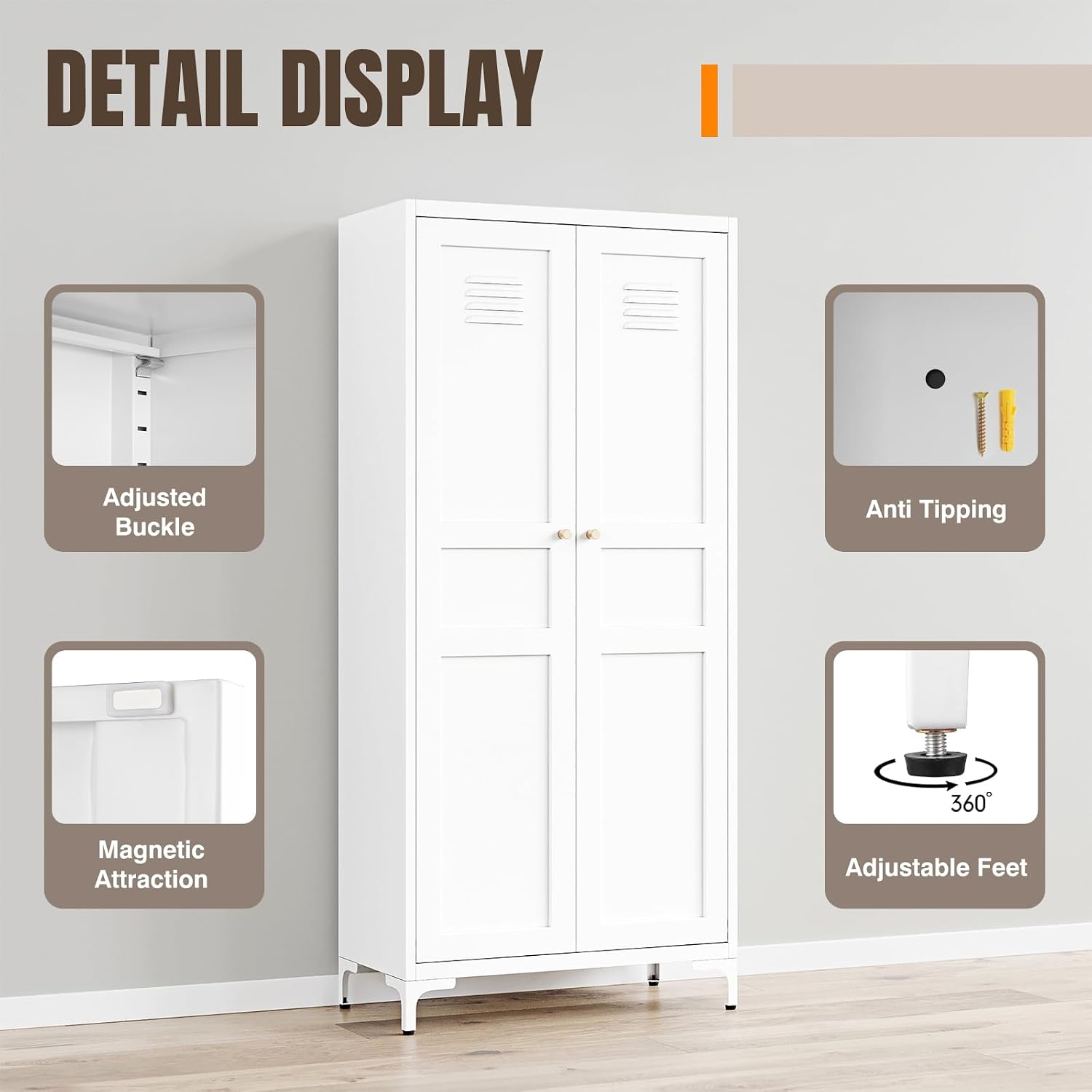Yizosh Metal Storage Cabinet with 2 Doors and 4 Adjustable Shelves - 61' White Kitchen Pantry Storage 5-Tier Tall Steel Cabinets Locker for Kitchen, Living Room, Dining Room