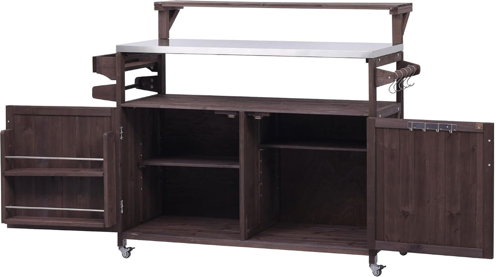 Merax 53.3' Outdoor Kitchen Island with Raised Shelf, Solid Wood Storage Cabinet with Stainless Steel Top, Rolling Grill Cart, Adjustable Shelf, Brown
