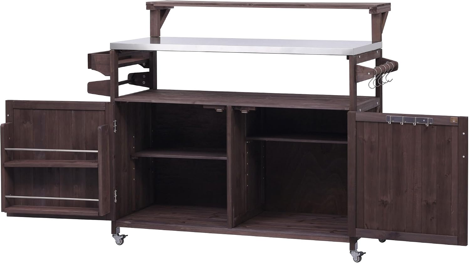 Merax 53.3' Outdoor Kitchen Island with Raised Shelf, Solid Wood Storage Cabinet with Stainless Steel Top, Rolling Grill Cart, Adjustable Shelf, Brown