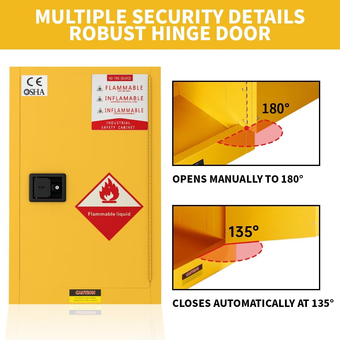 Flammable Safety Cabinet, 38' H x 28' D x 24' W, Yellow, Industrial, Slab Door, Floor Mount, Steel, Powder Coated, Adjustable Shelf, for Commercial Industrial Home Use, Tools, Laboratory