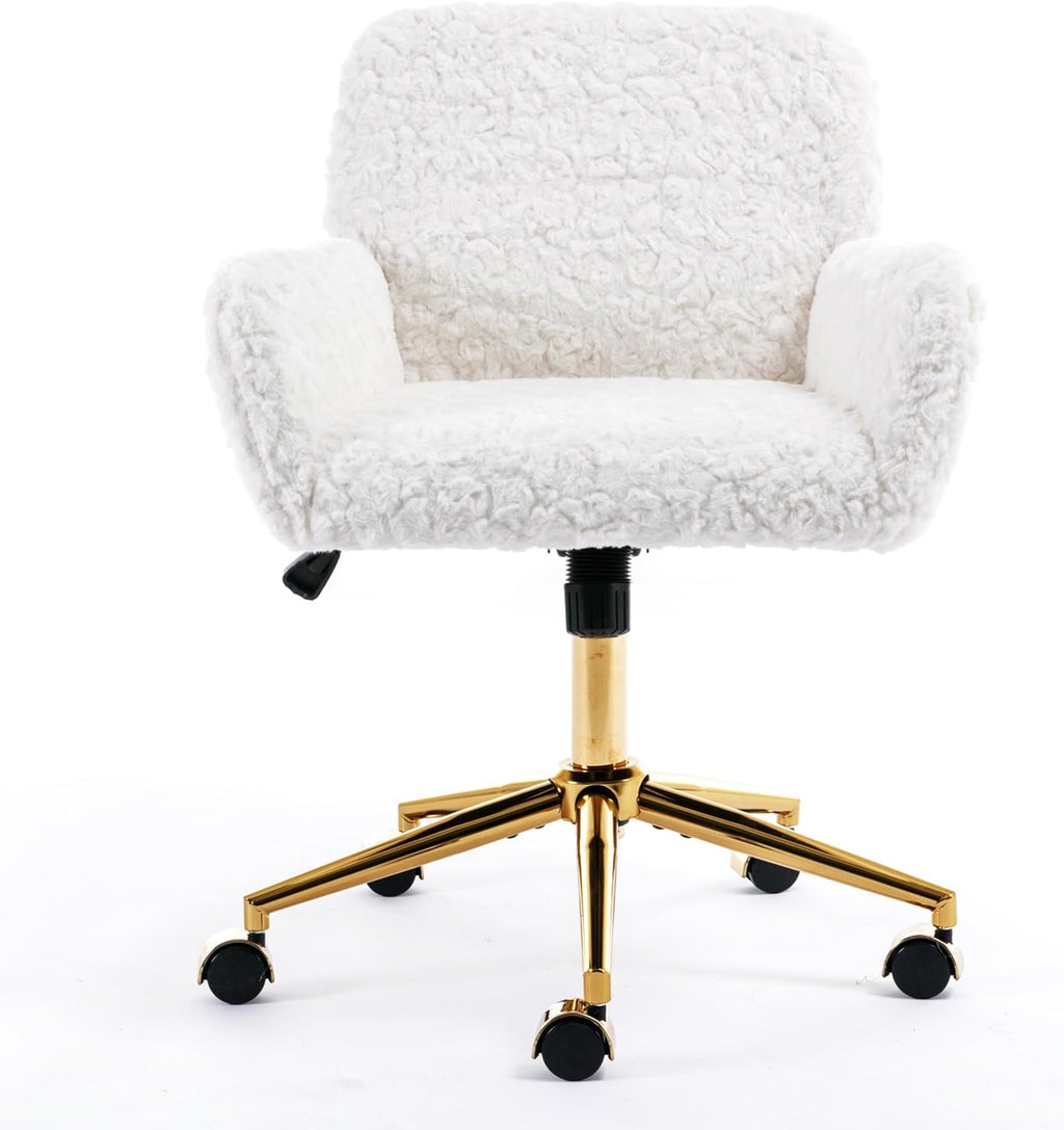Shenyon White Desk Chair Faux Fur Vanity Chair, Comfortable Home Office Desk Chair with Wheels and Arms, Swivel Cute Office Chair Height Adjustable for Teens Girls Women Home Office, White