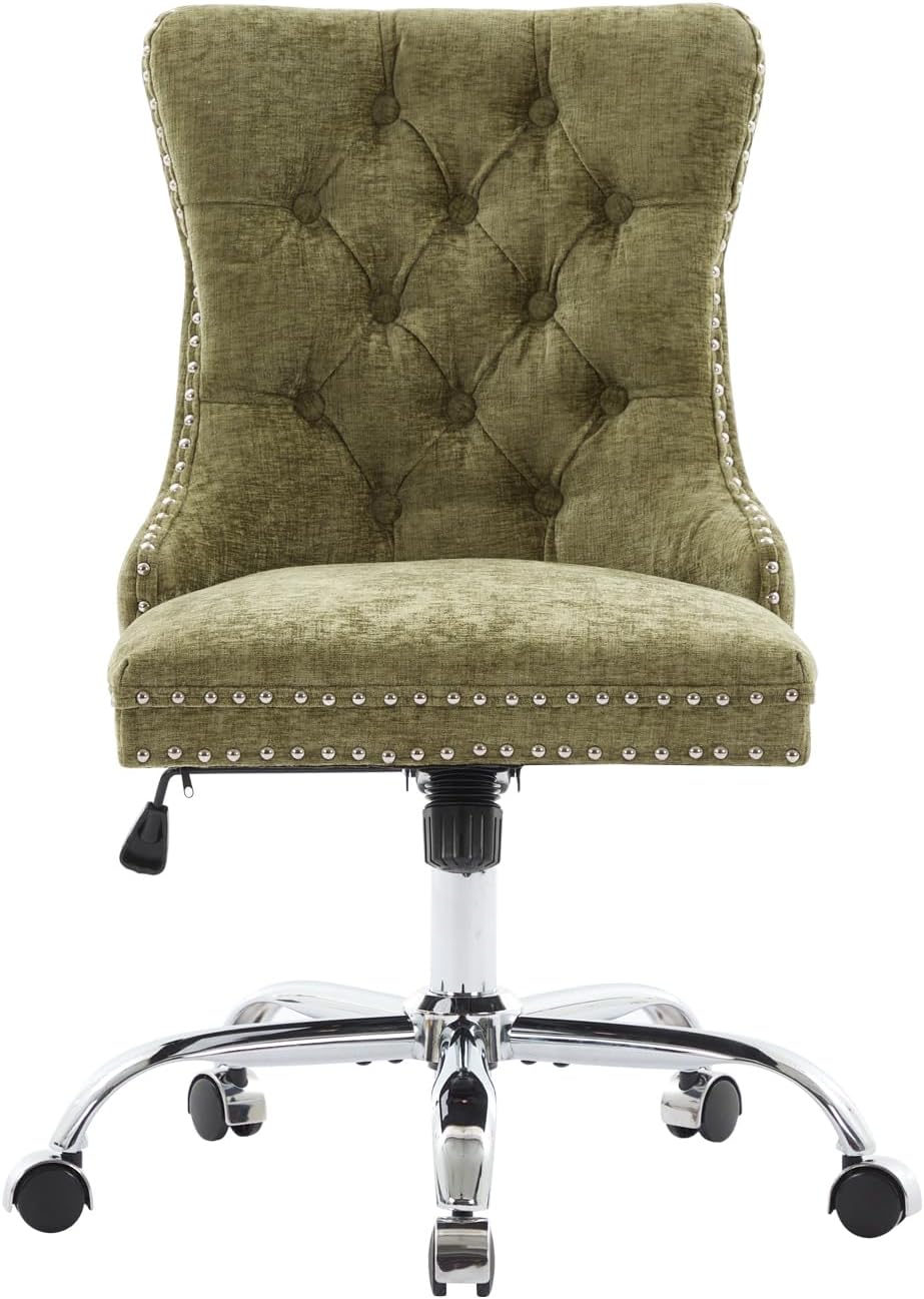 Home Office Chair with Wheels & Silver Base, Cute Chenille Fabric Makeup Vanity Chair with Tufted Back for Bedroom, Upholstered Adjustable Swivel Comfy Desk Chair for Girls Women, Green