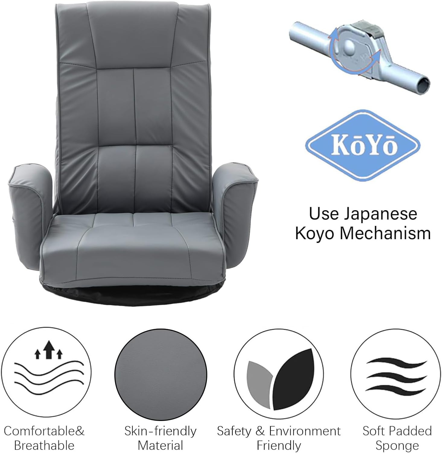 360° Swivel Floor Chair with Armrests, 14-Position Adjustable Floor Lounger for Adults, Folding Padded Floor Seat with Backrest for Gaming, Reading & Living Room (Grey)