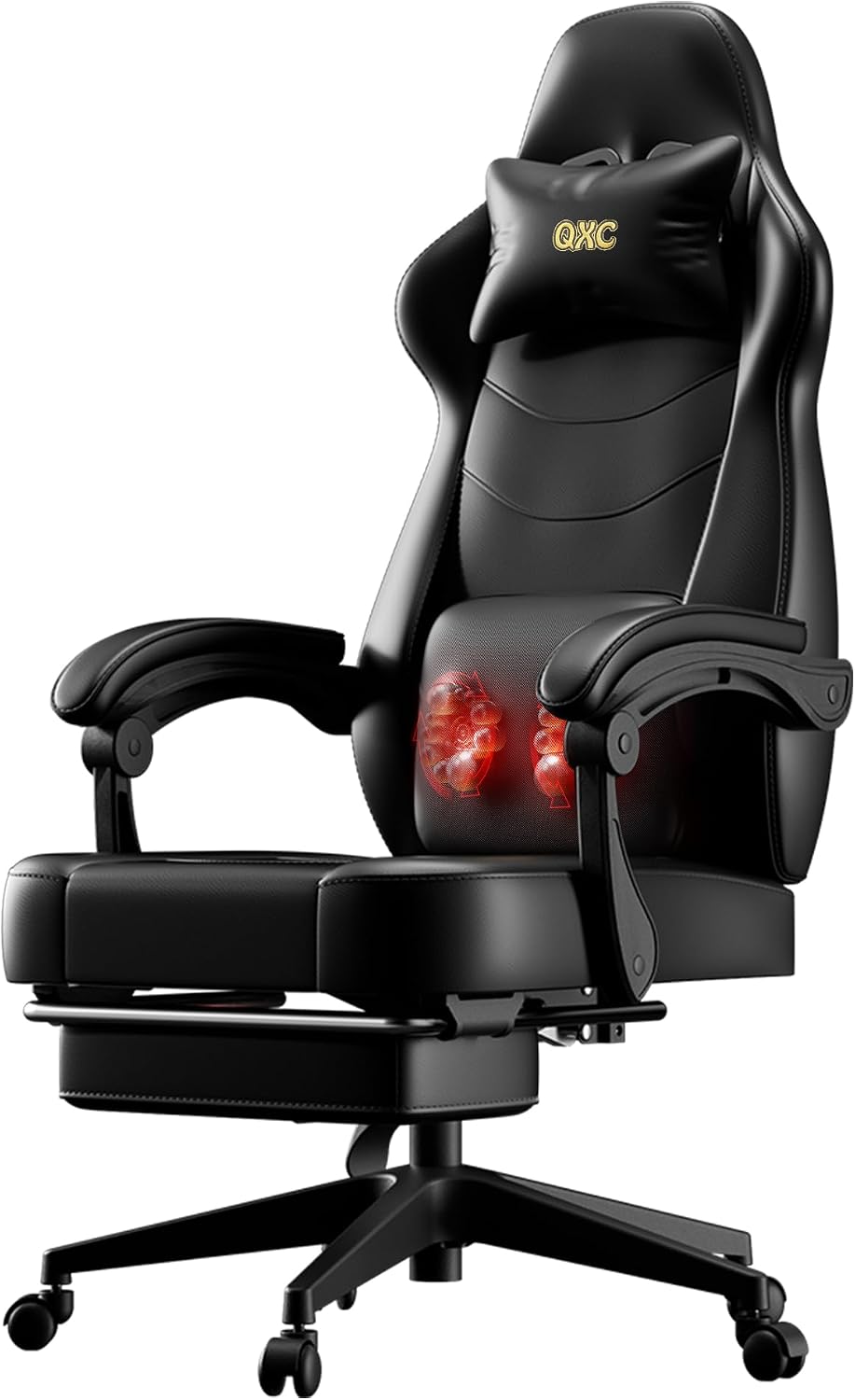 Gaming Chair, Ergonomic Computer Chair with Lumbar Massage & Heat, Video Game Chair with Silent Casters, 3D Adjustable Backrest, Thickened Seat, PU Leather, Hidden Footrest (63-77in)