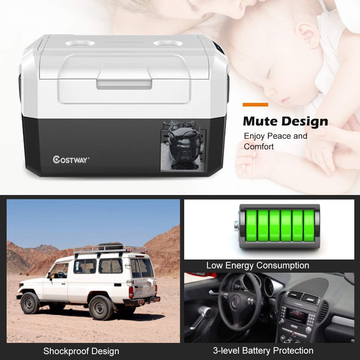 COSTWAY Portable Car Refrigerator, -14.8°F to 50°F, 37-Quart Compressor Travel Fridge with Two-way Open Door, Operating Panel, Groove Design, Compact RV Freezer and Cooler for Outdoor Use
