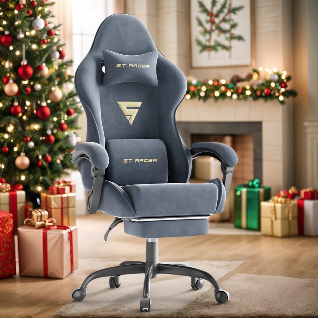Soontrans Velvet Fabric Gaming Chair with Footrest, Comfortable Video Gamer Chair for Adult, Ergonomic Office Desk Game Computer Chairs with Massage Lumbar Cushion,Headrest