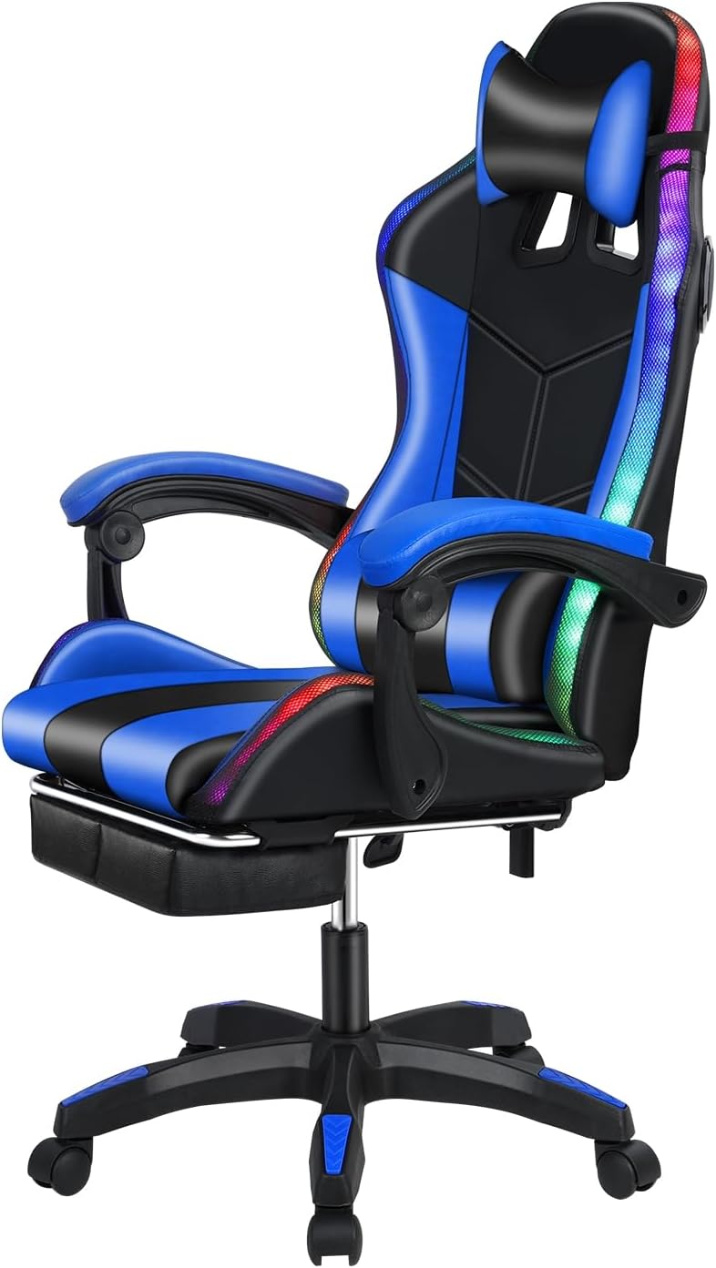 Talent Star Gaming Chair with Bluetooth-Compatible Speakers and RGB LED Lights, Ergonomic Massage Computer Chair with Height Adjustable, Video Game Chair High Back with Lumbar Support Black Blue