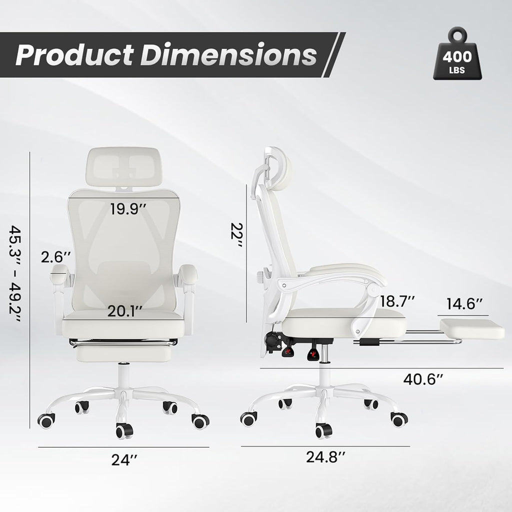 Farini Office Chair with Footrest, Ergonomic Mesh Office Chair with Headrest, High Back Desk Chair with Lumbar Support, Swivel Computer Chair for Office Study Room, White and Beige