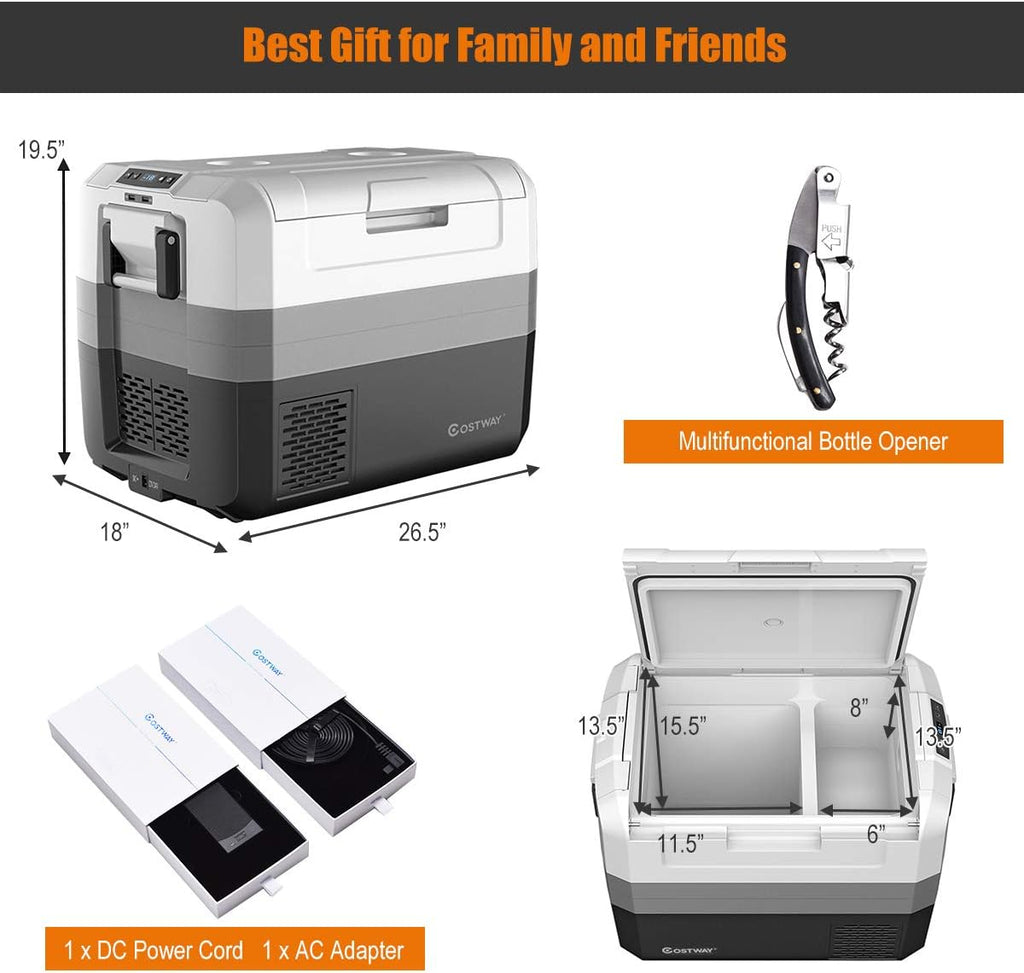 COSTWAY Portable Car Refrigerator, -14.8°F to 50°F, 58-Quart Compressor Travel Fridge with Two-way Open Door, Operating Panel, Groove Design, Compact RV Freezer and Cooler for Outdoor and Home Use