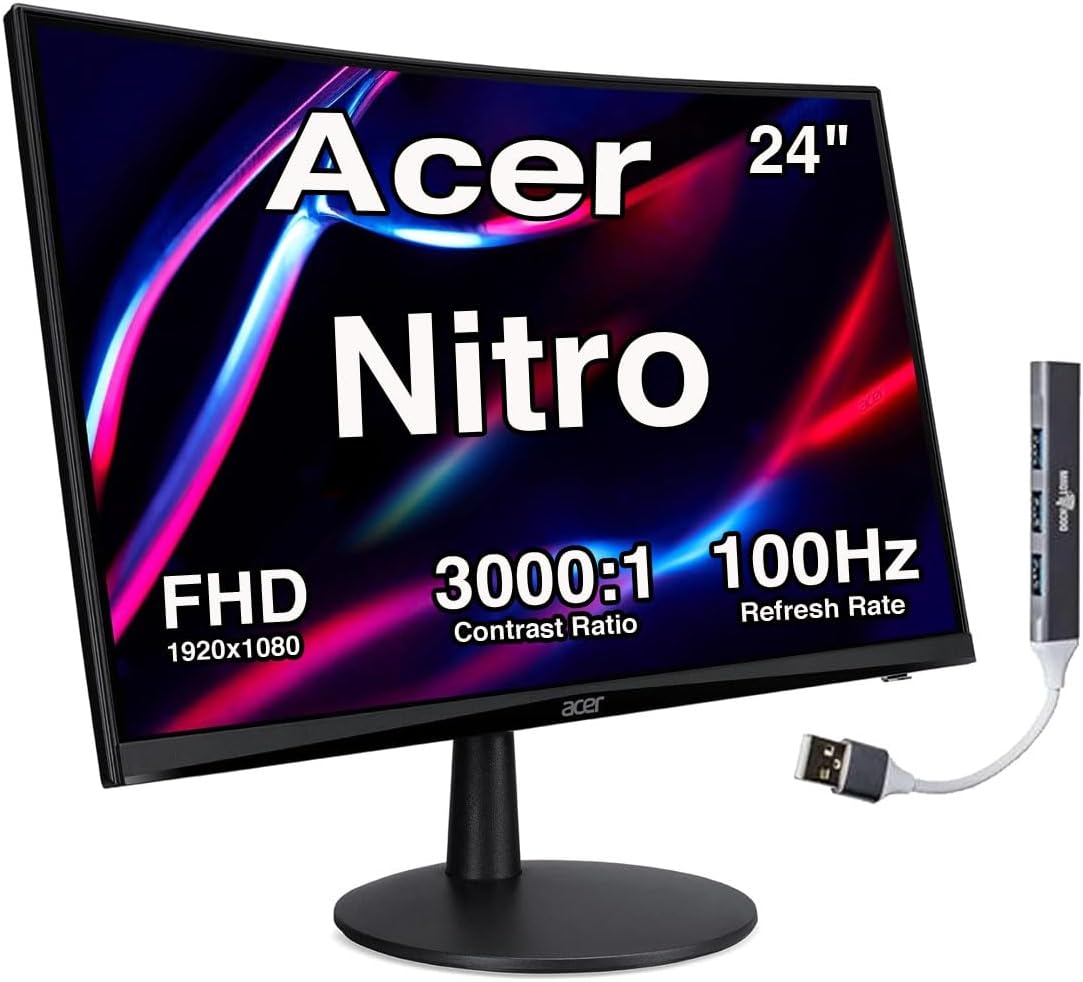 Acer Nitro ED240Q 24-Inch 1500R Curved FHD Monitor, FreeSync, 1ms Response Time, ZeroFrame Design, HDMI, VGA, VESA Mount (100mm) & Dockztorm USB Port Expander – Black (2026 Latest Model)