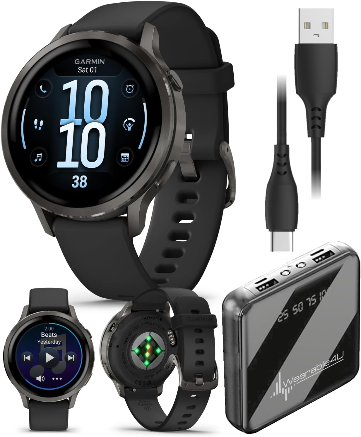 Garmin Venu 4 41mm AMOLED Advanced Health & Fitness GPS Smartwatch, Bright & Colorful Display, Built-in Flashlight, Up to 10 Days, Slate with Black Silicone Band w/Wearable4U PowerBank Bundle
