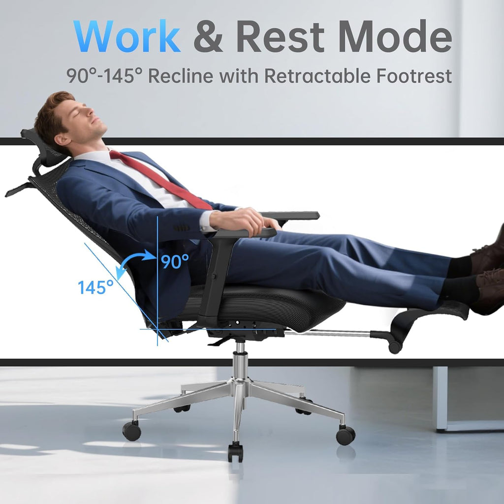 Ergonomic Office Chair with Footrest, 145° Reclining, Adjustable Lumbar & Headrest, 3D Armrests, Silent Casters, Heavy Duty Steel Base, 350 LB Capacity, Swivel Desk Chair for Home Office