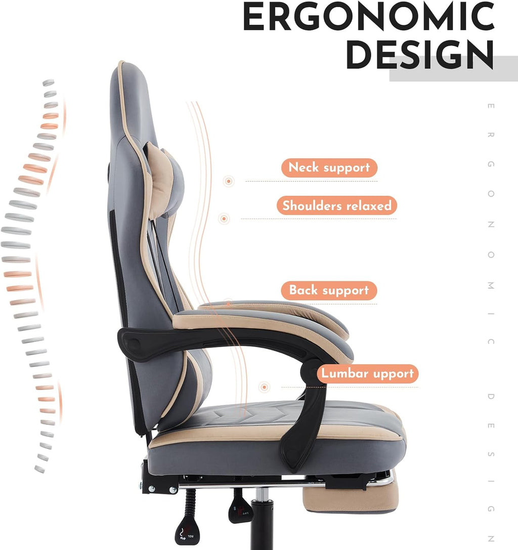 Gaming Chair with Footrest, Ergonomic Computer Chair with Headrest and Lumbar Support, Breathable Material Height Adjustable Swivel Video Game Chairs for Adults, 300lbs Max, Black & Beige