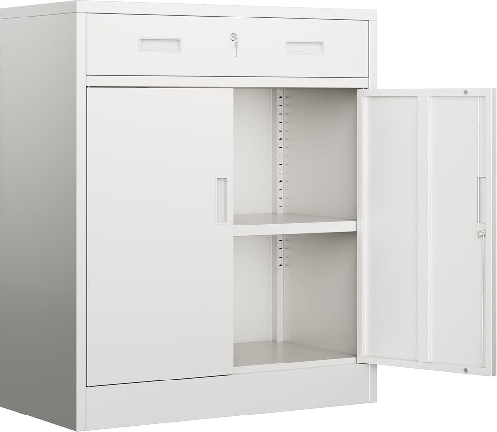 BESFUR Metal Garage Storage Cabinet with One Lockable Drawer 2 Locking Doors and an Adjustable Shelf, 36' White Metal Short Storage Cabinet for Home Office, Garage,School,Utility Room